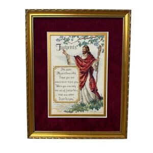 Vintage Handmade Gold Framed Wall Art Hanging Cross Stitch Jesus - "Foot prints"